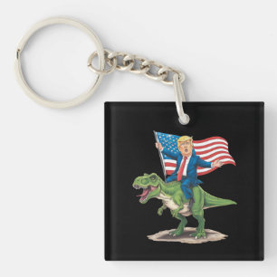 Trump Riding Dinosaur T Rex USA American Flag Key Ring