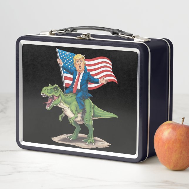 Trump Riding Dinosaur T Rex USA American Flag Metal Lunch Box (In Situ)