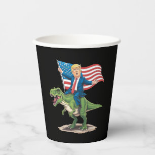 Trump Riding Dinosaur T Rex USA American Flag Paper Cups