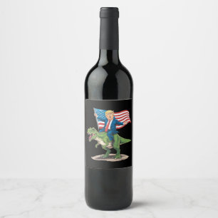 Trump Riding Dinosaur T Rex USA American Flag Wine Label