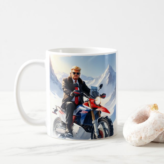 Trump Riding Motorcycle in Winter Christmas MAGA Coffee Mug (With Donut)