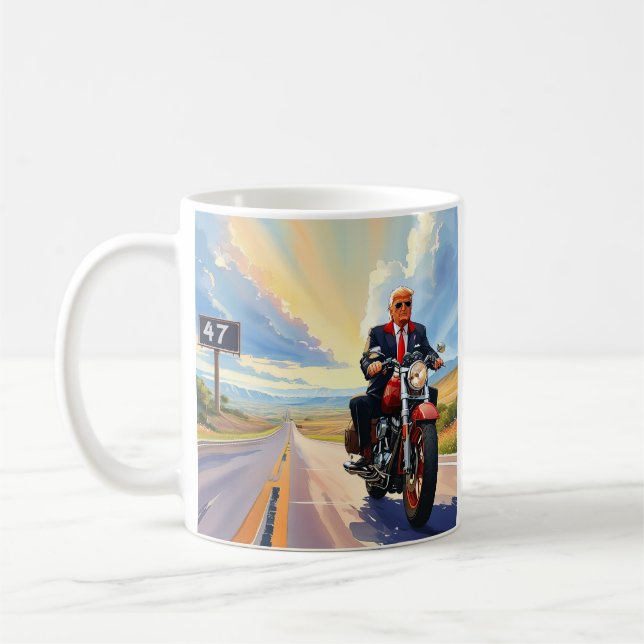 Trump riding Motorcycle past 47 sign Beautiful USA Coffee Mug (Left)