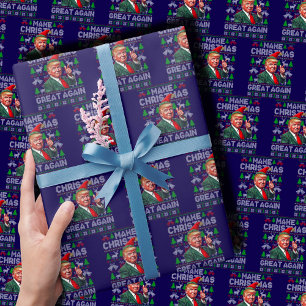 Trump Santa Hat Make Christmas Great Again Blue Wrapping Paper