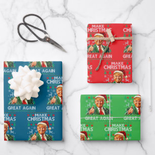 Trump Santa Hat Make Christmas Great Again Green Wrapping Paper Sheet