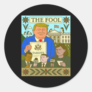 Trump Tarot Card The Fool Imposes Tariff On Pengui Classic Round Sticker