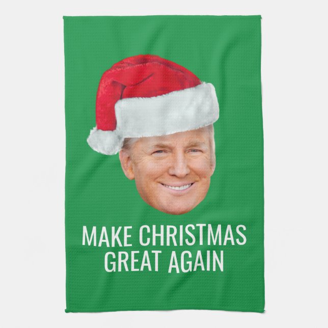 Trump with Santa Hat - Make Christmas Great Again Tea Towel (Vertical)