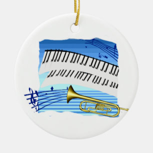 Trumpet and Keyboard, blue theme graphic music Ceramic Tree Decoration
