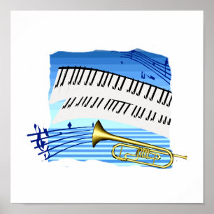 Trumpet and Keyboard, blue theme graphic music Poster