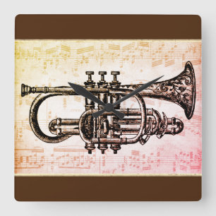 Trumpet And Music Notes Square Wall Clock