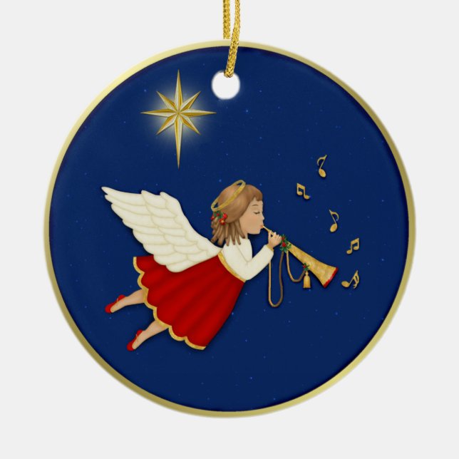Trumpet Angel and Christmas Star Ceramic Tree Decoration (Front)