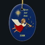 Trumpet Angel Ceramic Tree Decoration<br><div class="desc">Night sky with stars shining in background. Angel with golden trumpet and music notes. Customise text and date areas.</div>