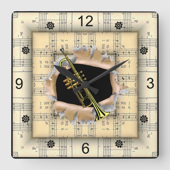 Trumpet ~ Breaking Through ~ Strange Sheet Music ~ Square Wall Clock (Front)