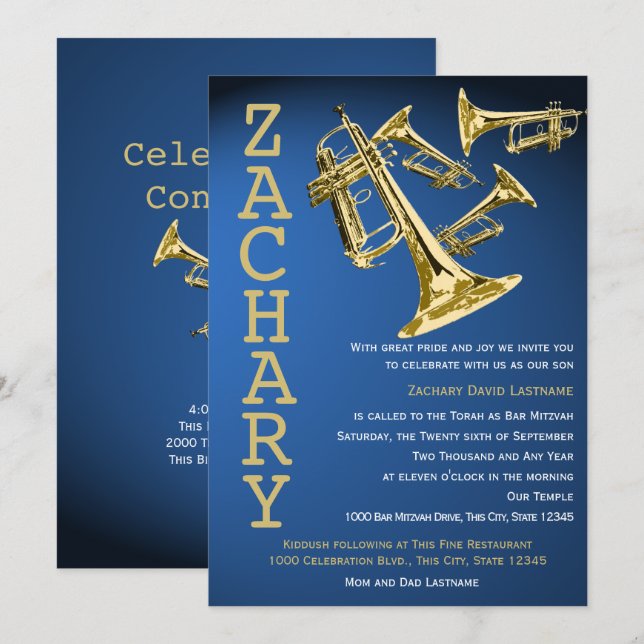 Trumpet Mania Music Blue Gold Bar Mitzvah Invitation (Front/Back)