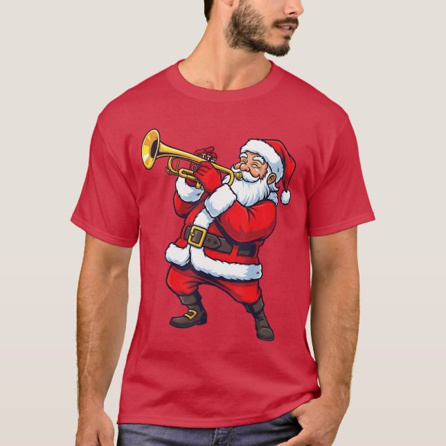 Trumpet Marching Band Musician Christmas Santa Pla T-Shirt (Front)