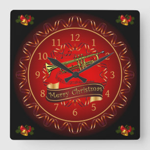 Trumpet ~ Merry Christmas ~ Maroon & Black ~  Square Wall Clock