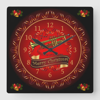 Trumpet ~ Merry Christmas ~ Maroon & Black ~ Square Wall Clock