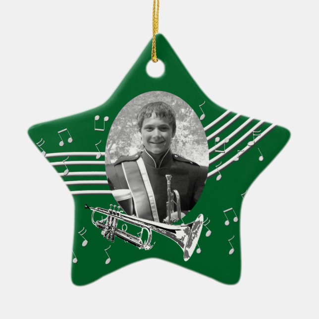 Trumpet Music Green Star Ceramic Tree Decoration (Front)