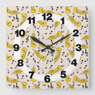 Trumpet Music Notes Pattern Square Wall Clock