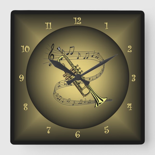 Trumpet ~Musical Instrument ~Musical Scale ~Globe~ Square Wall Clock (Front)