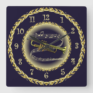 Trumpet ~ Musical Scroll ~ Gold/Navy Blue ~ Square Wall Clock