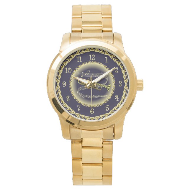 Trumpet ~ Musical Scroll ~ Gold/Navy Blue ~  Watch (Front)