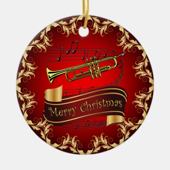 Trumpet ~ Musical Scroll ~ Merry Christmas ~ * ~  Ceramic Tree Decoration (Front)