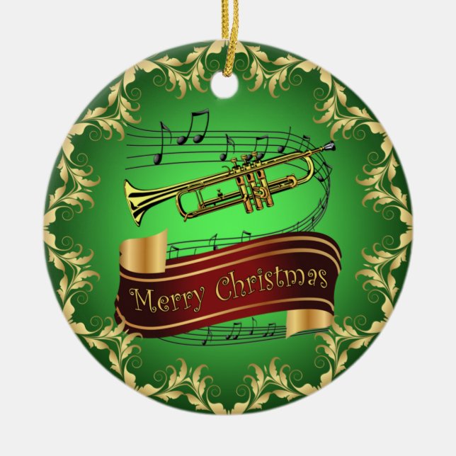Trumpet ~ Musical Scroll ~ Merry Christmas ~ * ~  Ceramic Tree Decoration (Front)