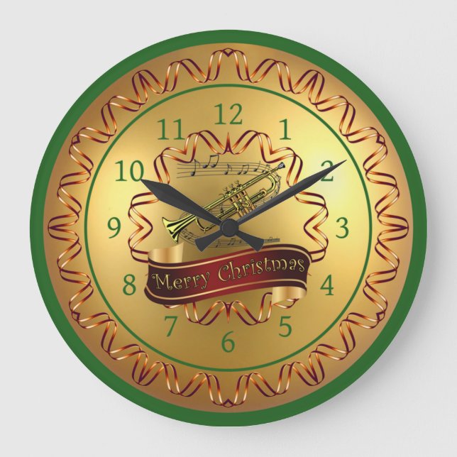Trumpet ~ Musical Scroll ~ “Merry Christmas”  Large Clock (Front)
