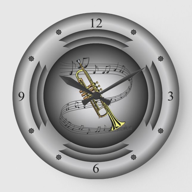 Trumpet ~ Musical Scroll ~ Silver Speaker ~ Large Clock (Front)
