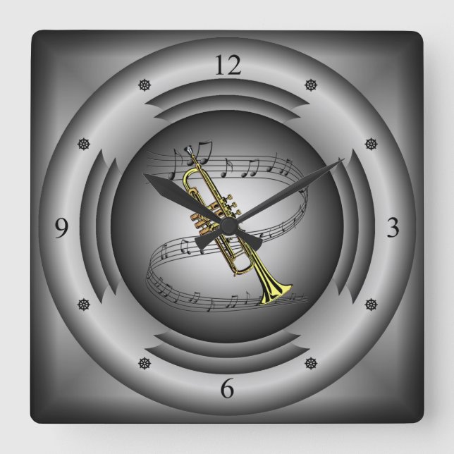 Trumpet ~ Musical Scroll ~ Silver Speaker ~ Square Wall Clock (Front)
