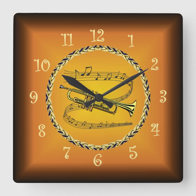 Trumpet On Musical Scroll Russet Orange Timepiece  Square Wall Clock (Front)