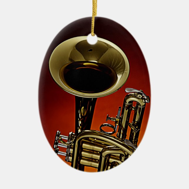 Trumpet or Cornet Red Background Ornament (Front)