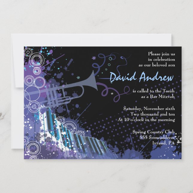 Trumpet & Piano Musical Bar Bat Mitzvah Invitation (Front)