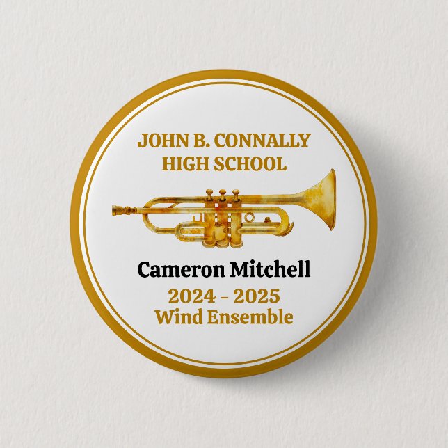 Trumpet Player High School Band Gold Personalised 6 Cm Round Badge (Front)