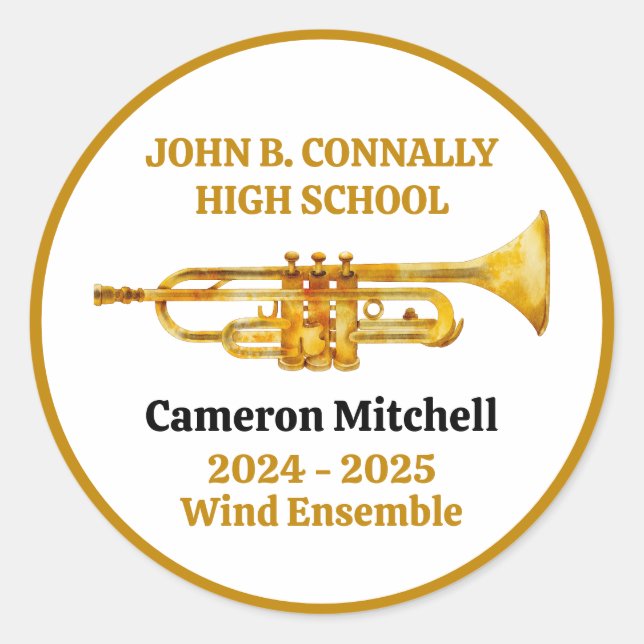 Trumpet Player High School Band Gold Personalised Classic Round Sticker (Front)