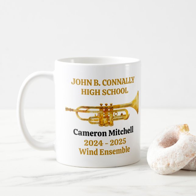Trumpet Player High School Band Gold Personalised Coffee Mug (With Donut)