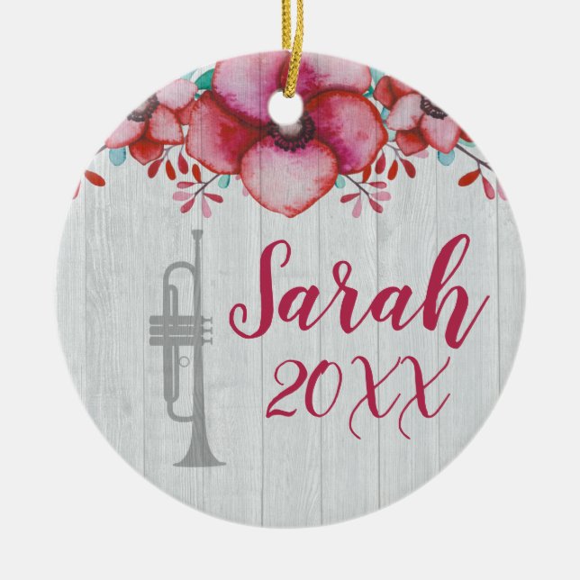 Trumpet Player Music Gift Floral Personalised Cera Ceramic Tree Decoration (Front)
