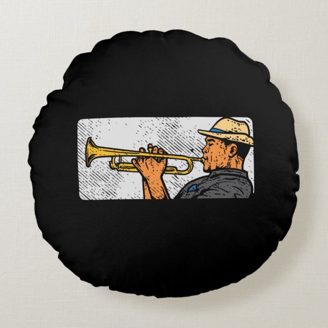 Trumpet Player Retro Trumpet Jazz Music Round Cushion (Front)