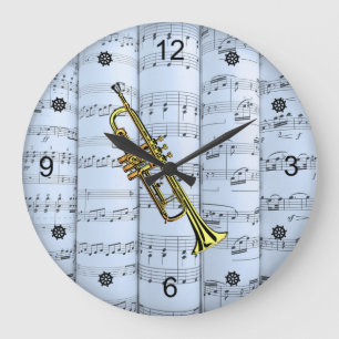 Trumpet~Rolled Sheet Music~Blue Tint Background ~ Large Clock