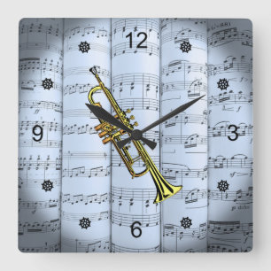 Trumpet~Rolled Sheet Music~Blue Tint Background ~  Square Wall Clock