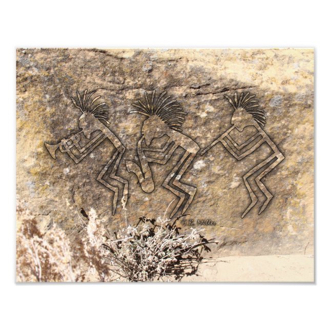Trumpet Saxophone and Flute Player Petroglyph Photo Print (Front)