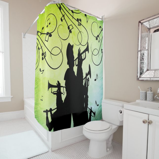 Trumpet Section Jazz Music Green Shower Curtain (In Situ)