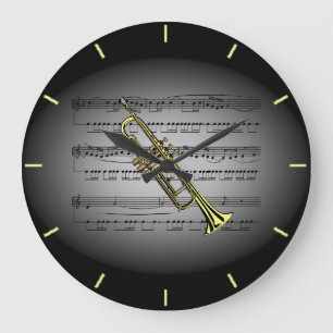 Trumpet ~Sheet Music ~ Black Grey Background Large Clock