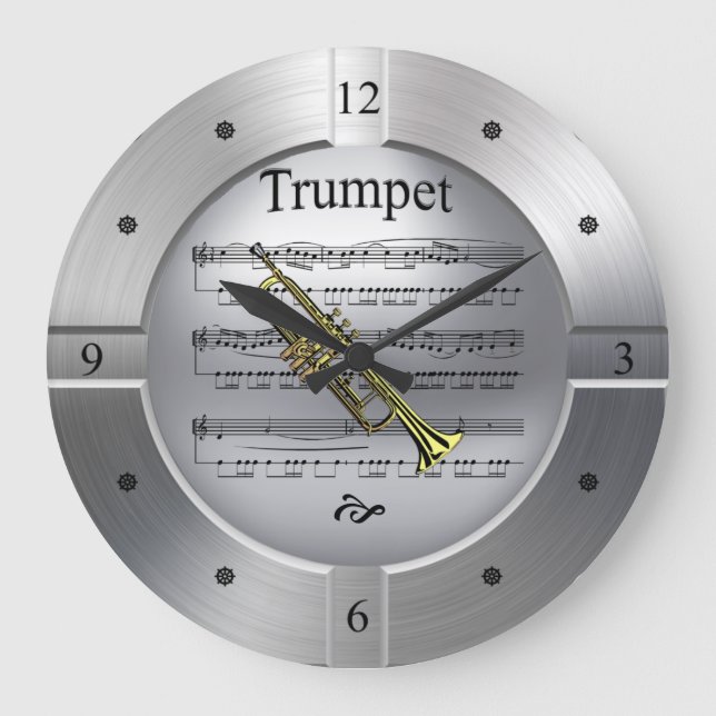 Trumpet ~ Sheet Music ~ Brushed Silver Colour ~ Large Clock (Front)