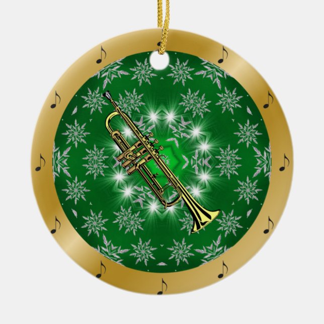 Trumpet ~ Silver ~ Green ~ Gold ~ Christmas ~ Ceramic Tree Decoration (Front)