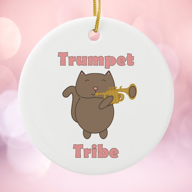 Trumpet Tribe Brown Cat Pink Ceramic Tree Decoration (An ornament featuring a brown cat playing the trumpet and the words trumpet tribe.)