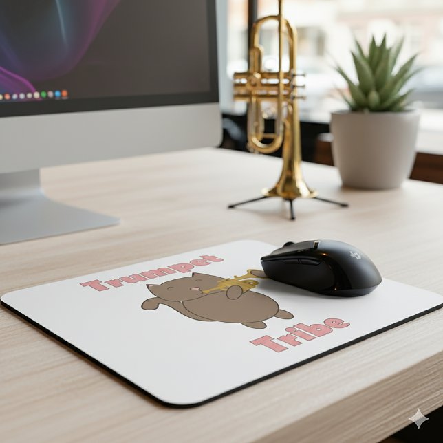 Trumpet Tribe Brown Cat Pink Mouse Mat (A mouse pad featuring a brown cat playing the trumpet and the words trumpet tribe in pink.)