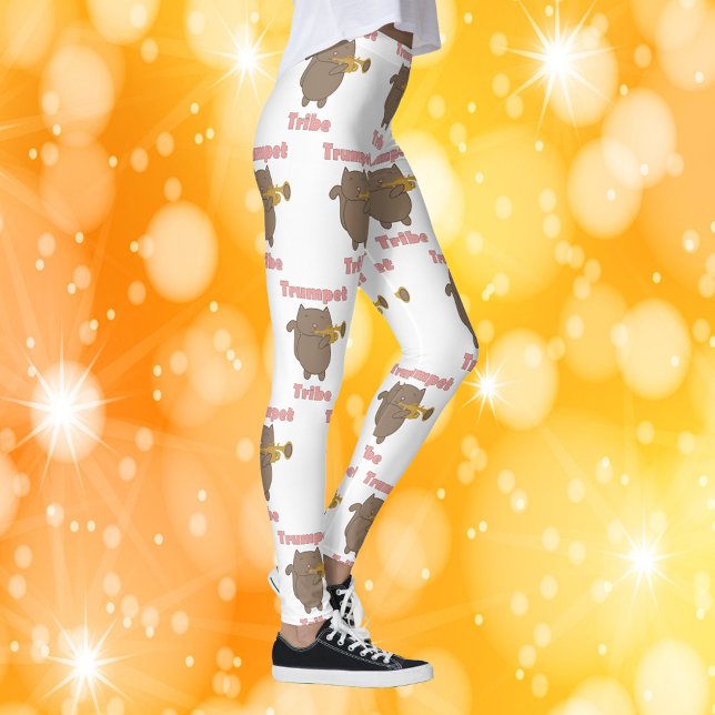 Trumpet Tribe Brown Cat Pink Pattern Leggings (A pair of leggings with a pattern of a brown cat playing the trumpet and the words trumpet tribe.)