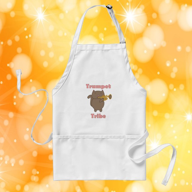 Trumpet Tribe Brown Cat Pink Standard Apron (An apron featuring a brown cat playing the trumpet and the text trumpet tribe)