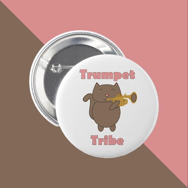 Trumpet Tribe Cat Funny Pink 6 Cm Round Badge (A pin with a brown cat playing the trumpet and the words trumpet tribe in pink.)
